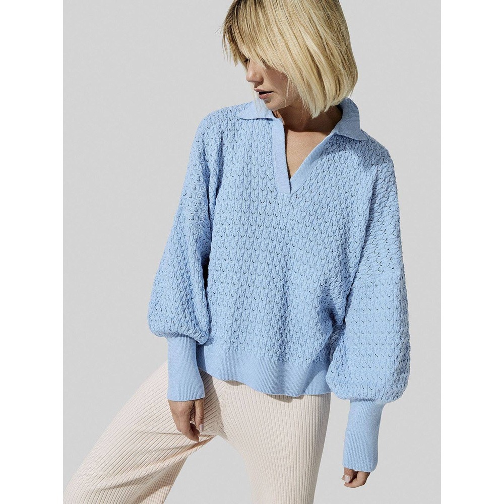 MR MITTENS Women's Lace Polo Pointelle Knit Sweater Dusty Blue M/L Preppy Tennis